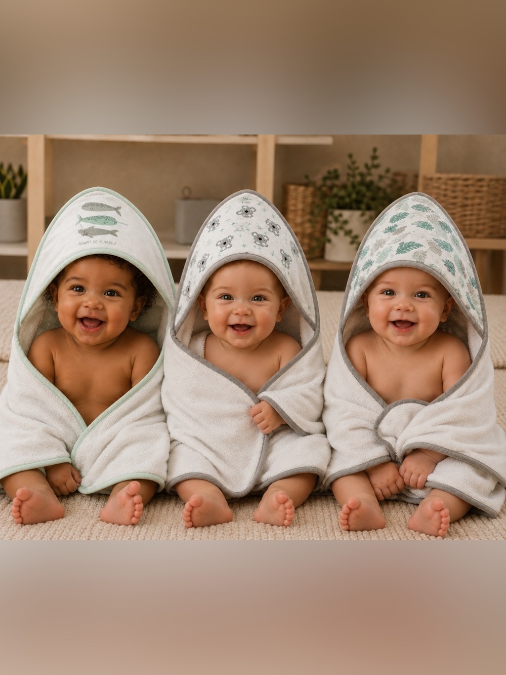 Hooded Baby Towel Wrap - White with Green Trim